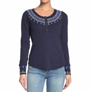 Lucky Brand Fair Isle Henley Top Embroidered Womens Sz XL Navy Blue Waffle Knit